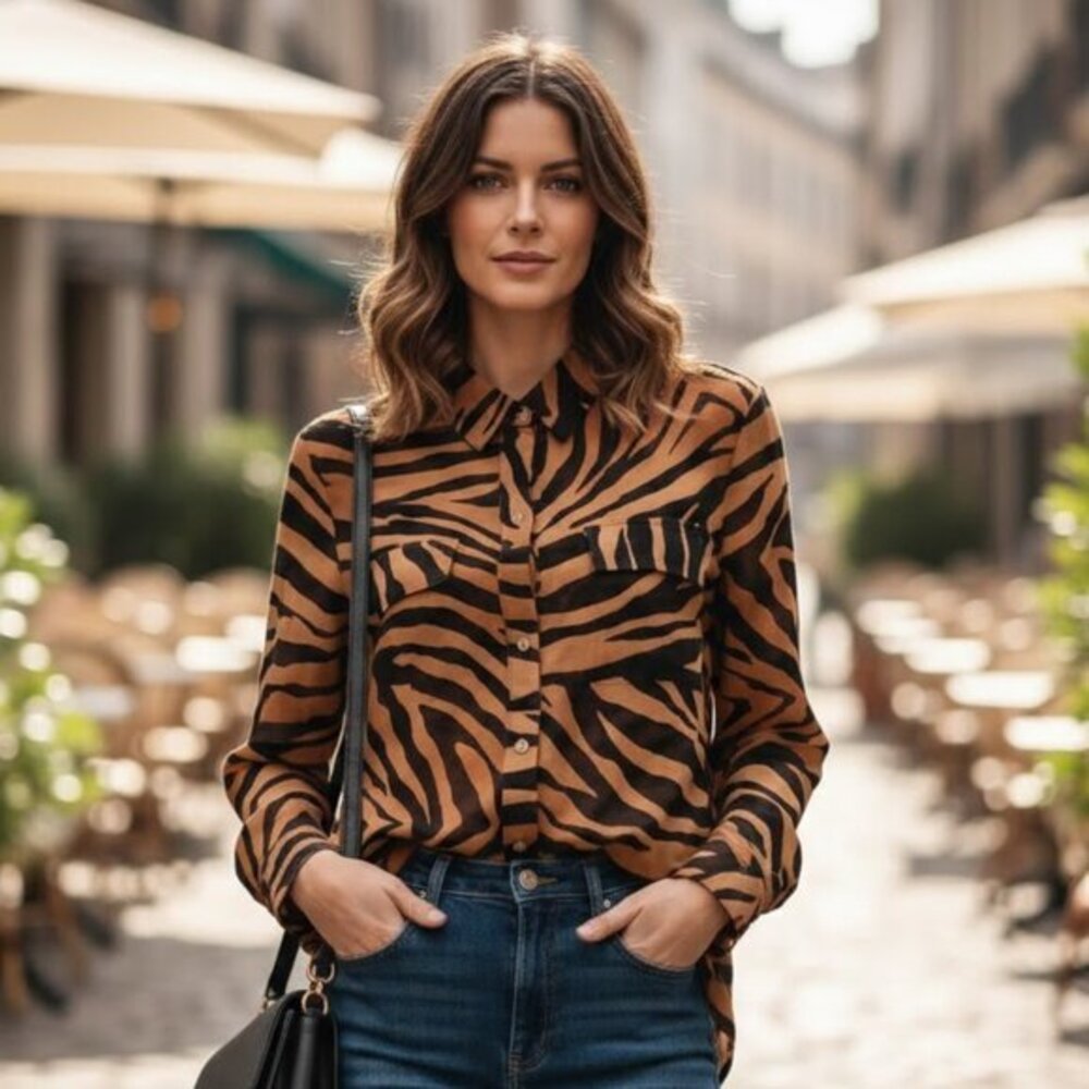 Chico's Easy Tiger Print Sheer Button-Down Blouse Size 2 (L/12) | Animal Print
